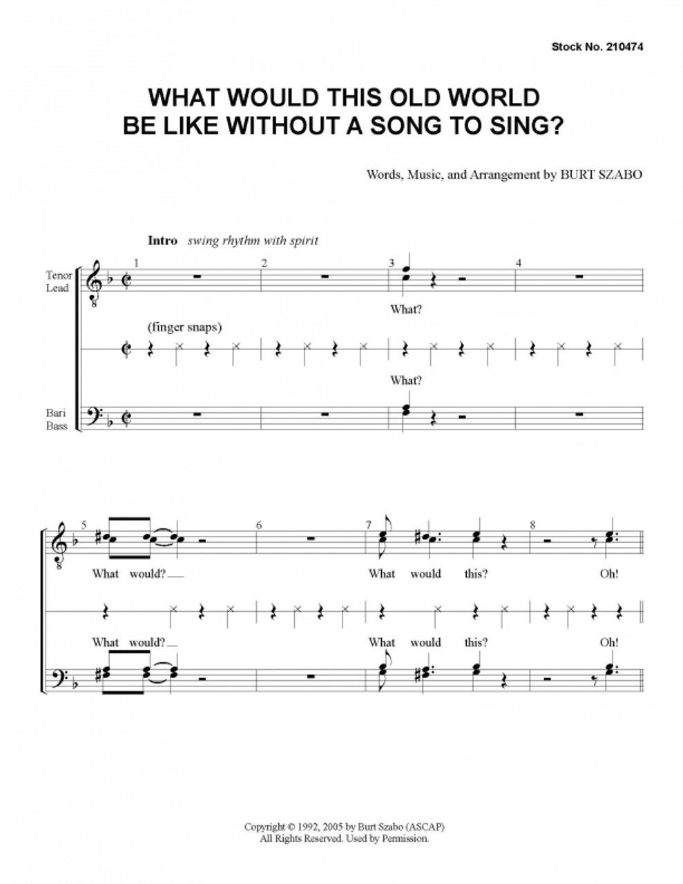 What Would This Old World Be Like Without A Song To Sing? (TTBB)-Download-UNPUB