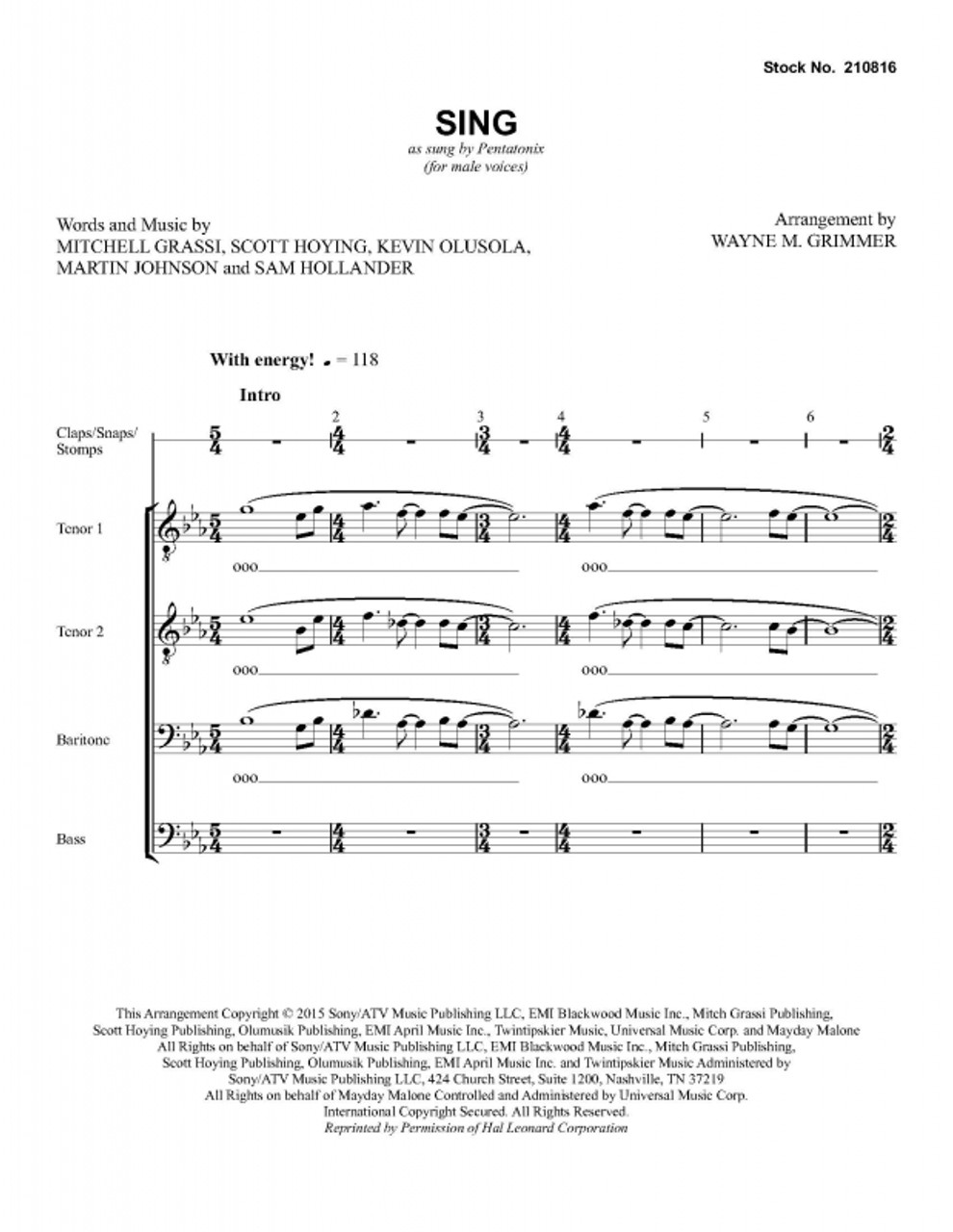 Sing (TTBB) (arr. Grimmer)