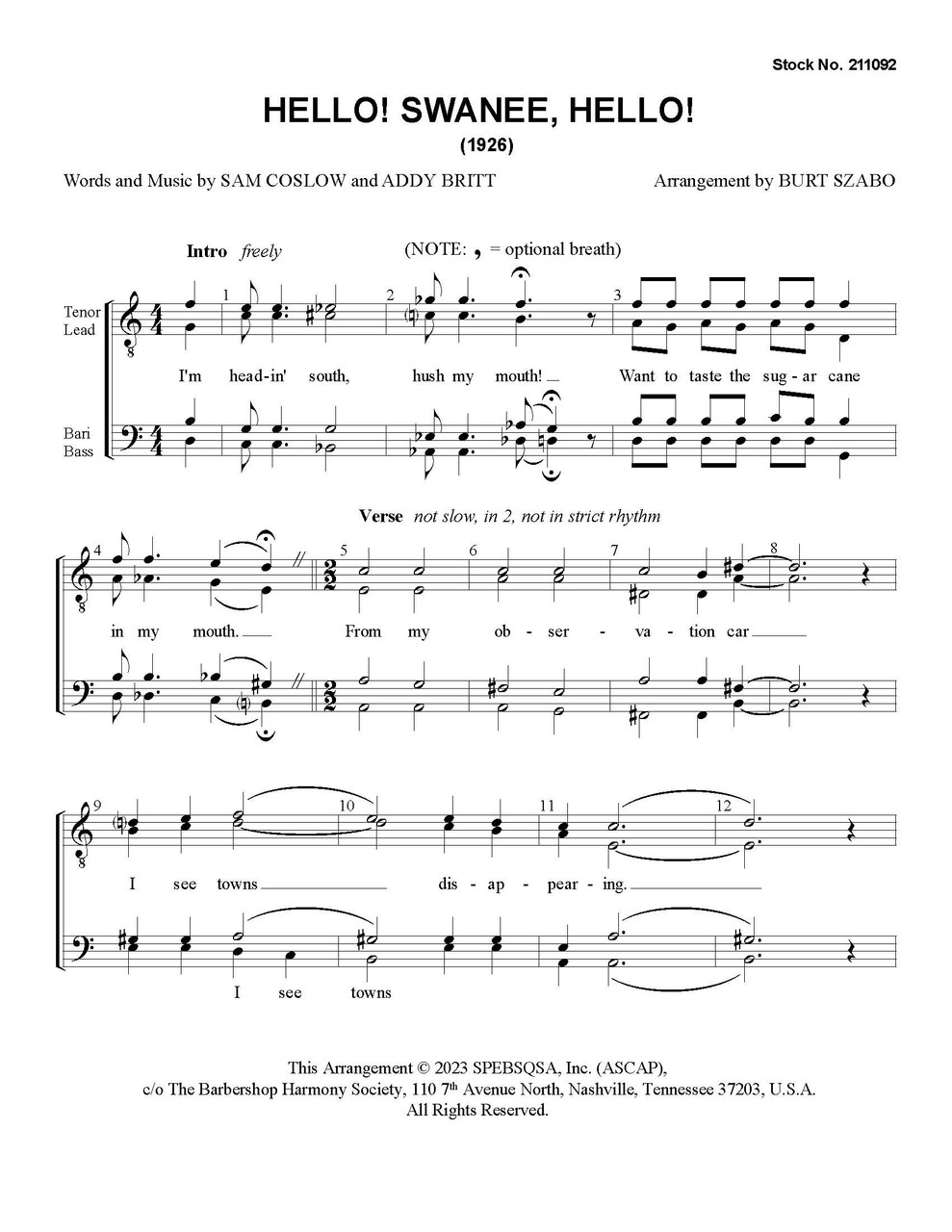 Hello! Swanee, Hello! (TTBB) (arr. Szabo) - Download
