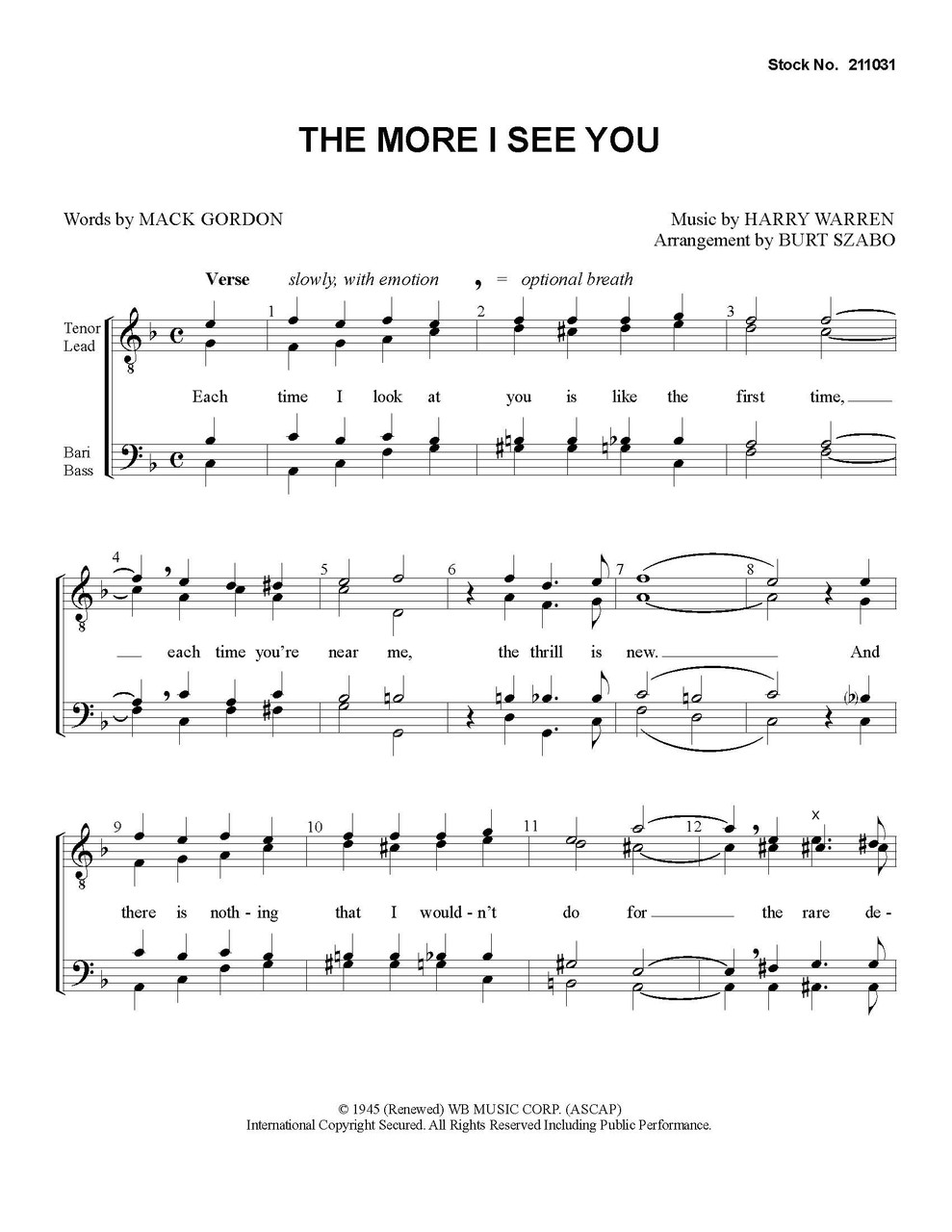 The More I See You (TTBB) (arr. Szabo) - SPECIAL ORDER
