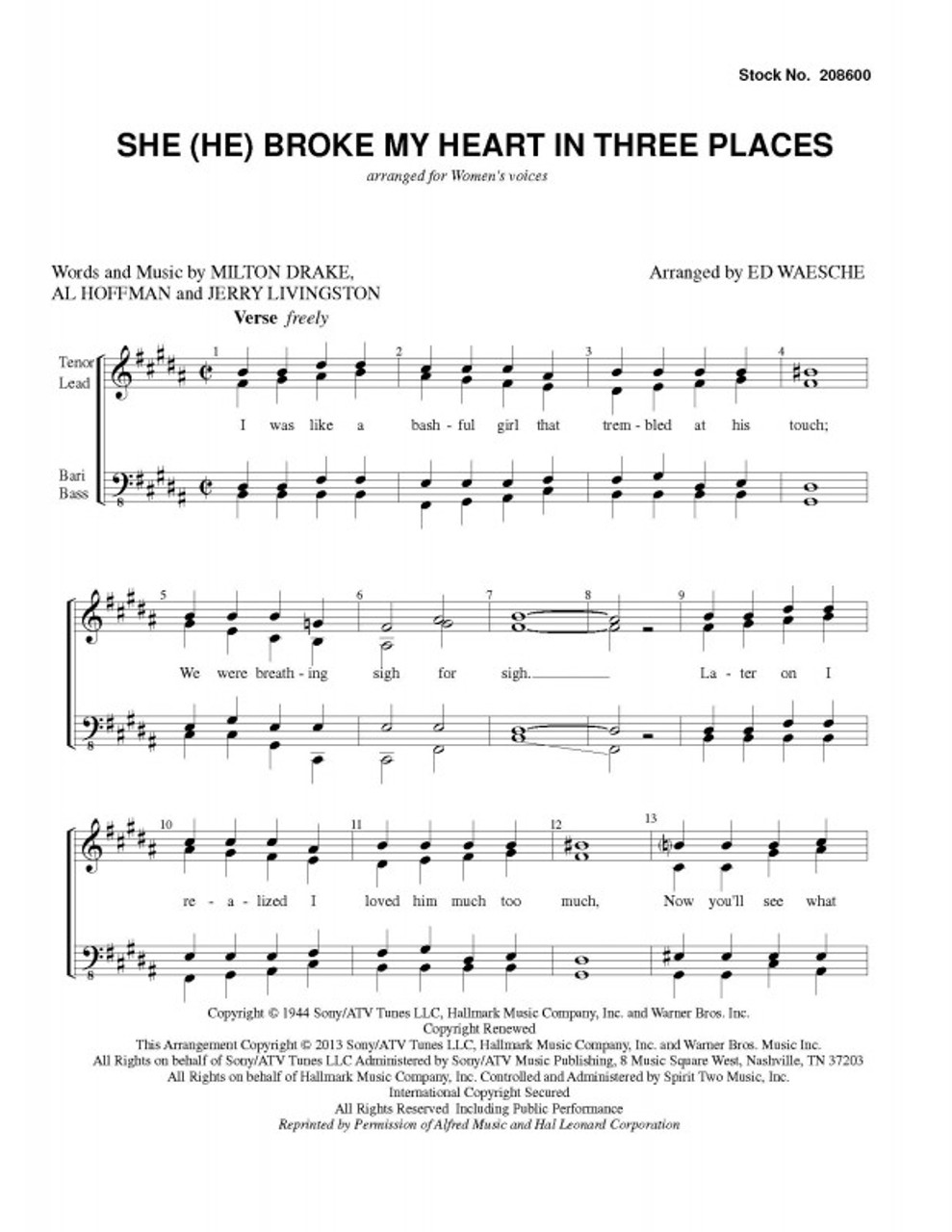 She (He) Broke My Heart In Three Places (SSAA)-UNPUB