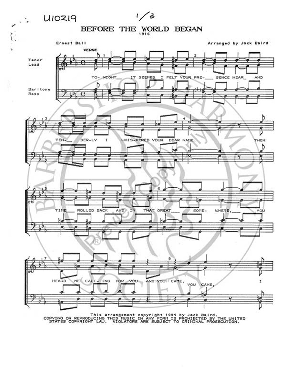 Before The World Began (TTBB) (arr. Jack Baird)-UNPUB