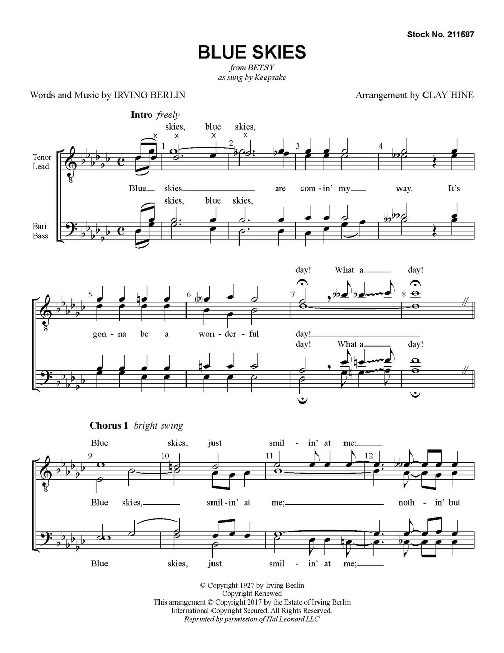 Blue Skies (TTBB) (arr. Hine) - Download - Barbershop Harmony Society