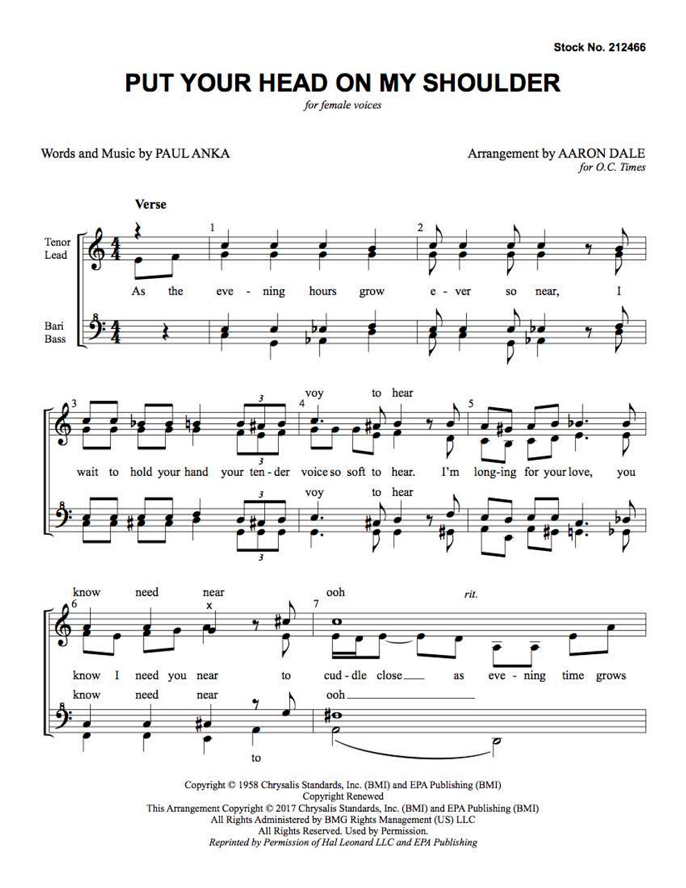 Put Your Head On My Shoulder (SSAA) (arr. Dale) - Download