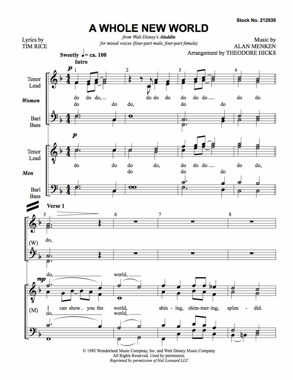 A Whole New World (8-part M/W) (arr. Hicks) - Barbershop