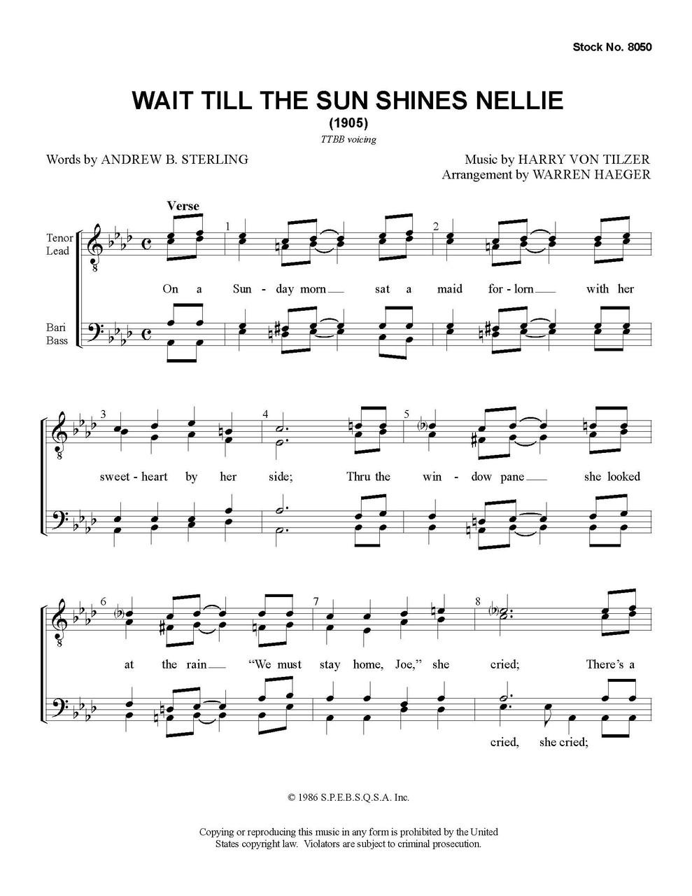 Wait Till The Sun Shines, Nellie (TTBB) (arr. Haeger) - Download