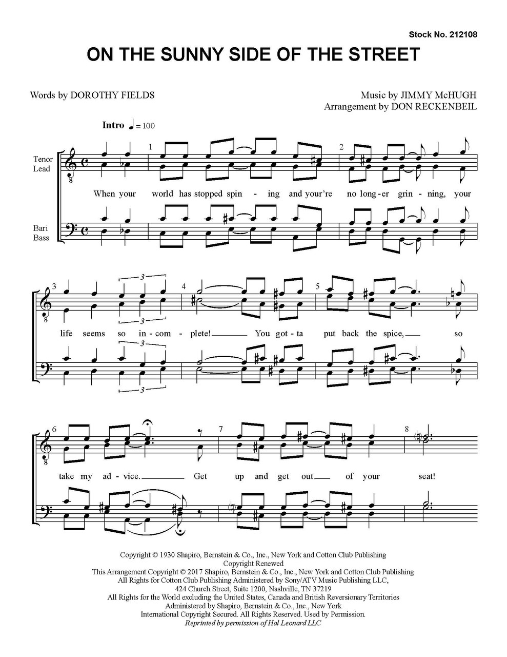 On the Sunny Side of the Street (TTBB) (arr. Reckenbeil) - Download