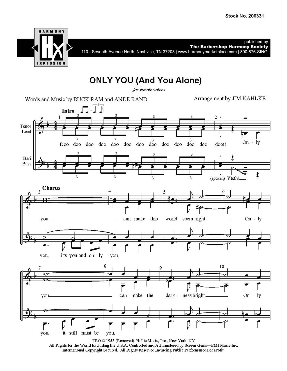 Only You (And You Alone) (SSAA) - (arr. Kahlke) Download Only You (And You Alone) (SSAA) - (arr. Kahlke) Download