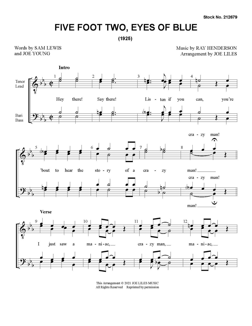 Five Foot Two, Eyes of Blue (Has Anybody Seen My Girl?) (TTBB) (arr. Liles) - Download