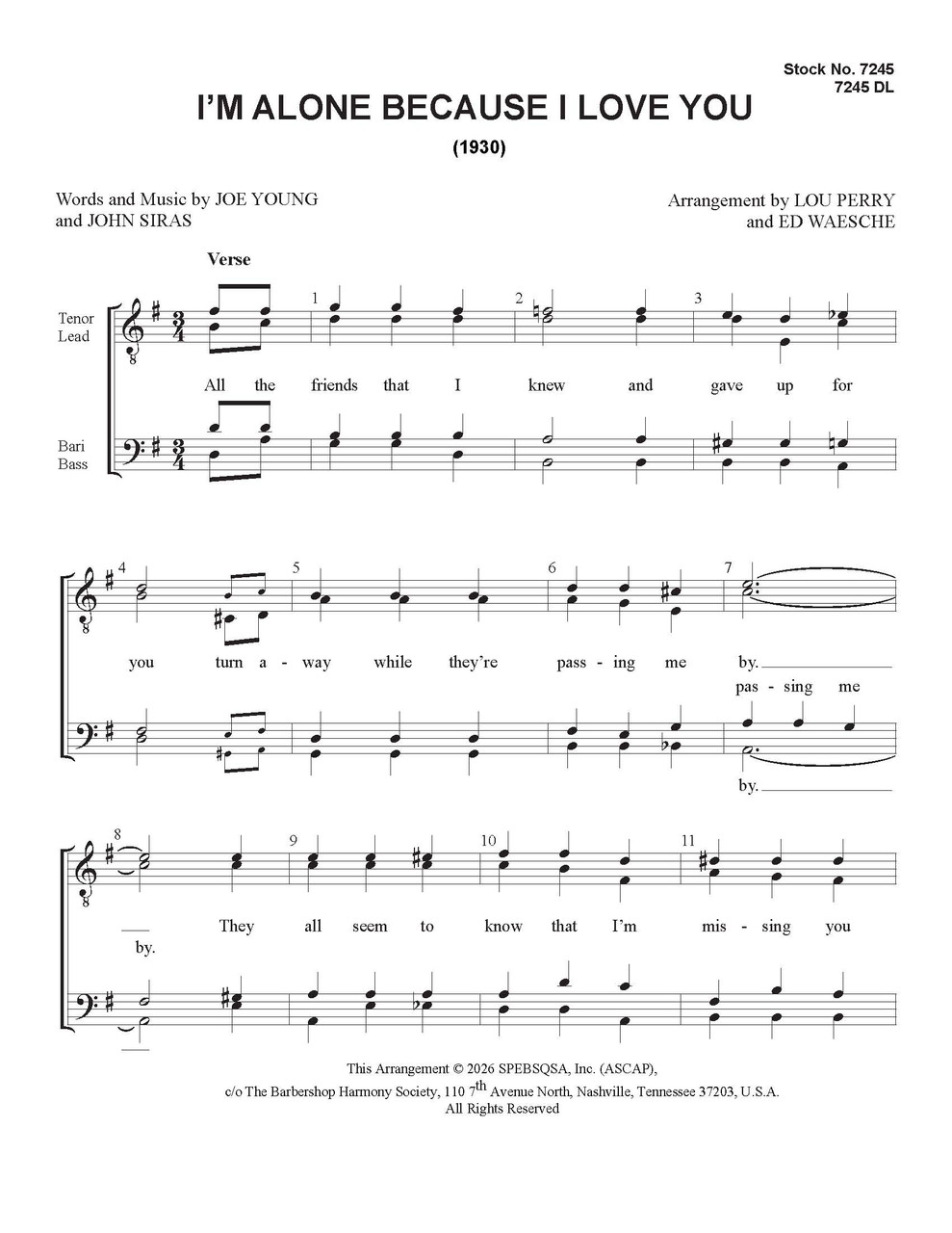 I'm Alone Because I Love You (TTBB) (arr. Perry/Waesche) - Download