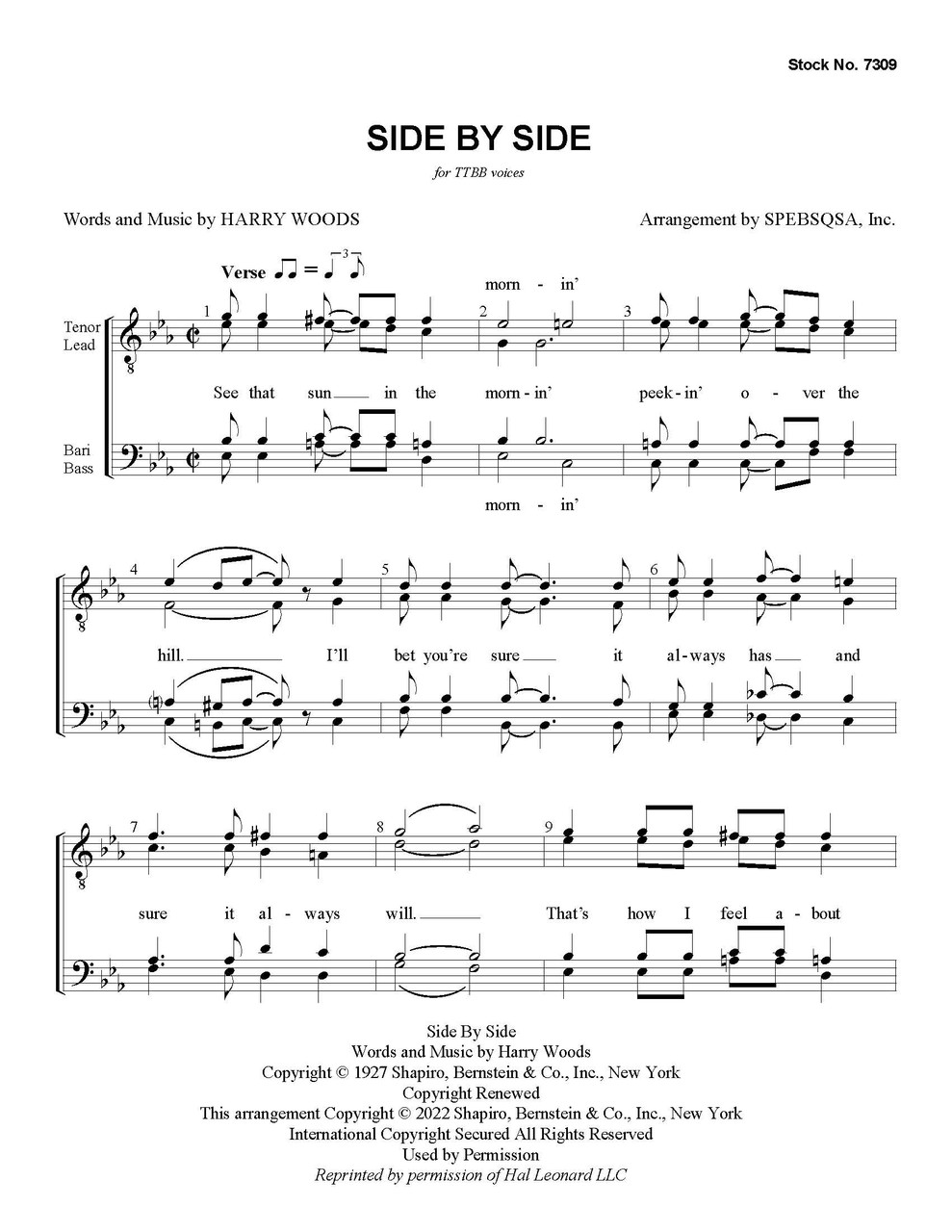 Side by Side (arr. SPEBSQSA) (TTBB)  - Download