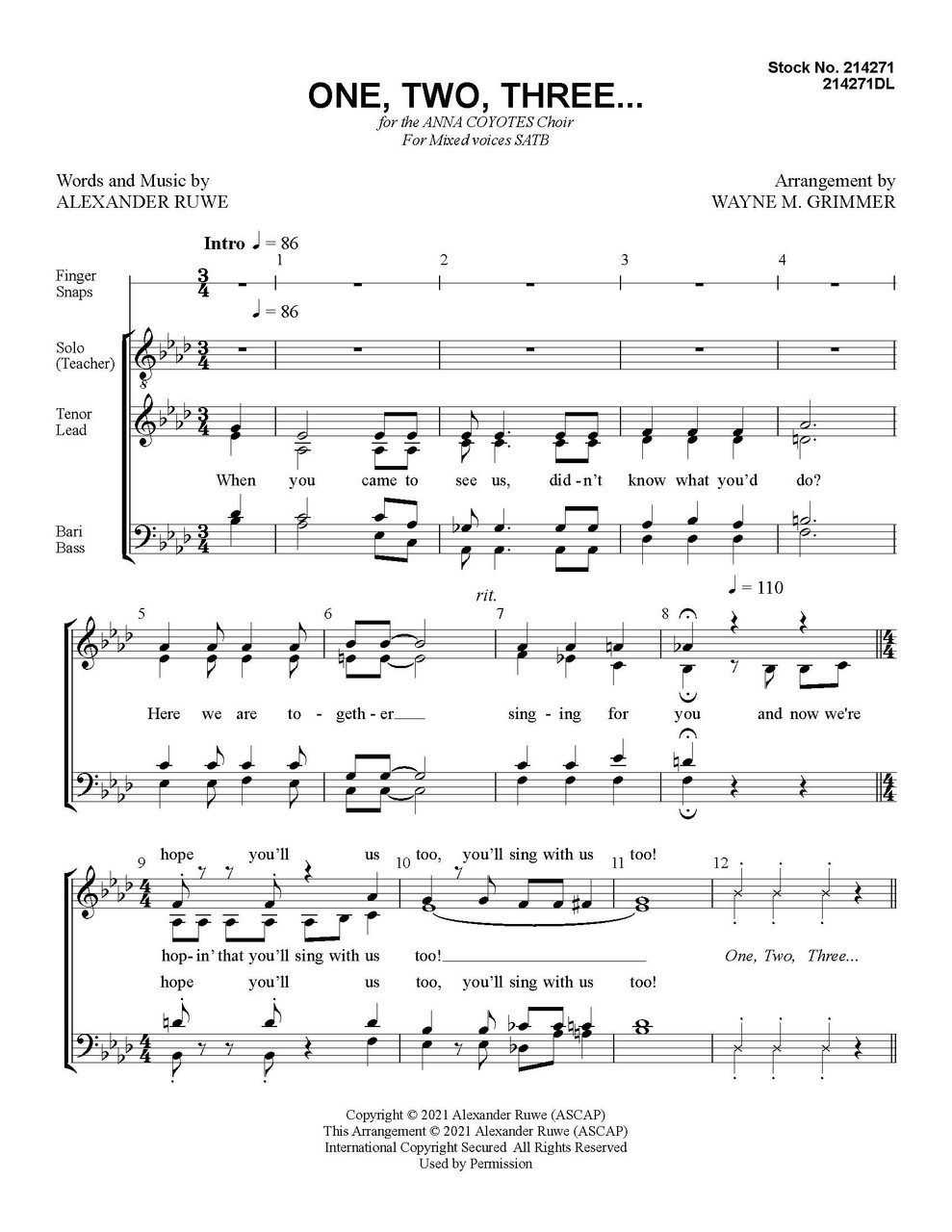 One, Two, Three (SATB) (arr. Grimmer)  - Download