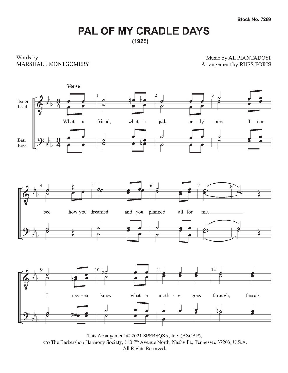 Pal Of My Cradle Days (TTBB) (arr. Foris) - Download