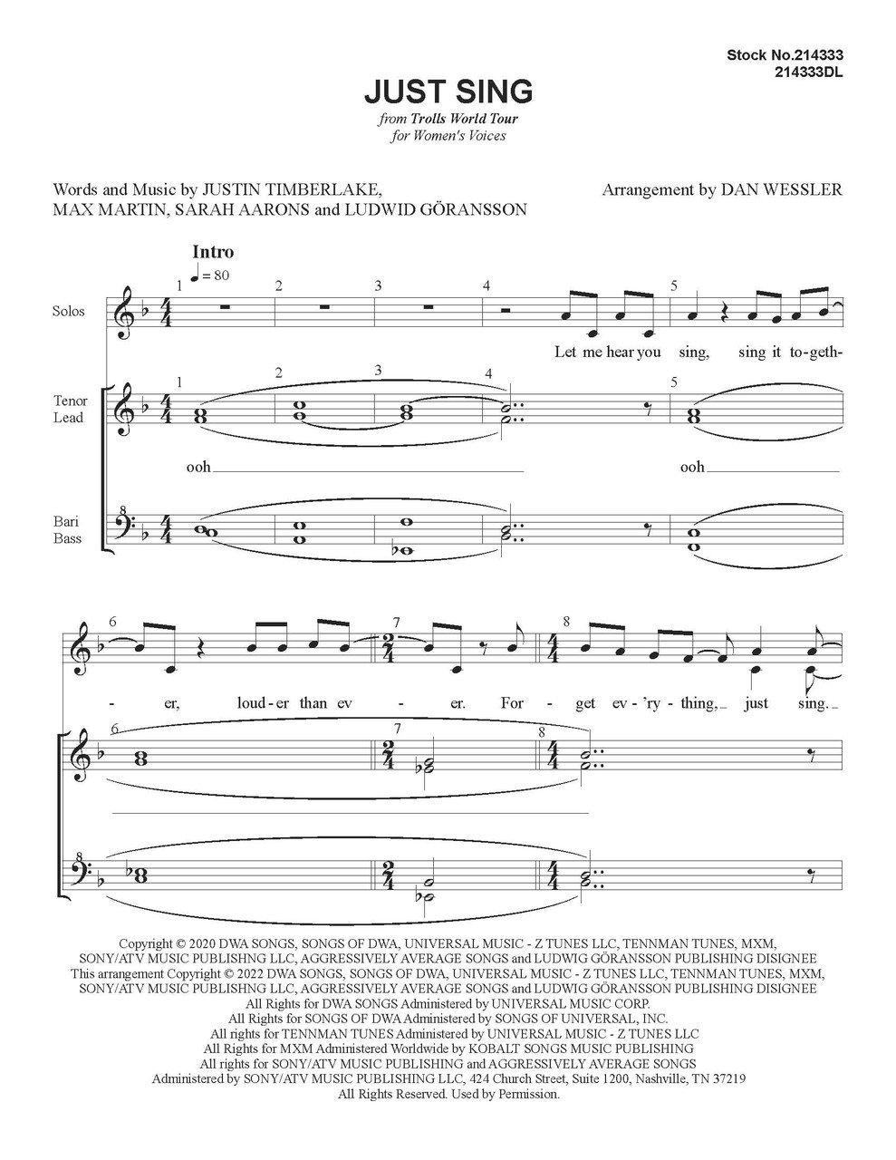 Just Sing (from "Trolls World Tour") (SSAA) (arr. Wessler)