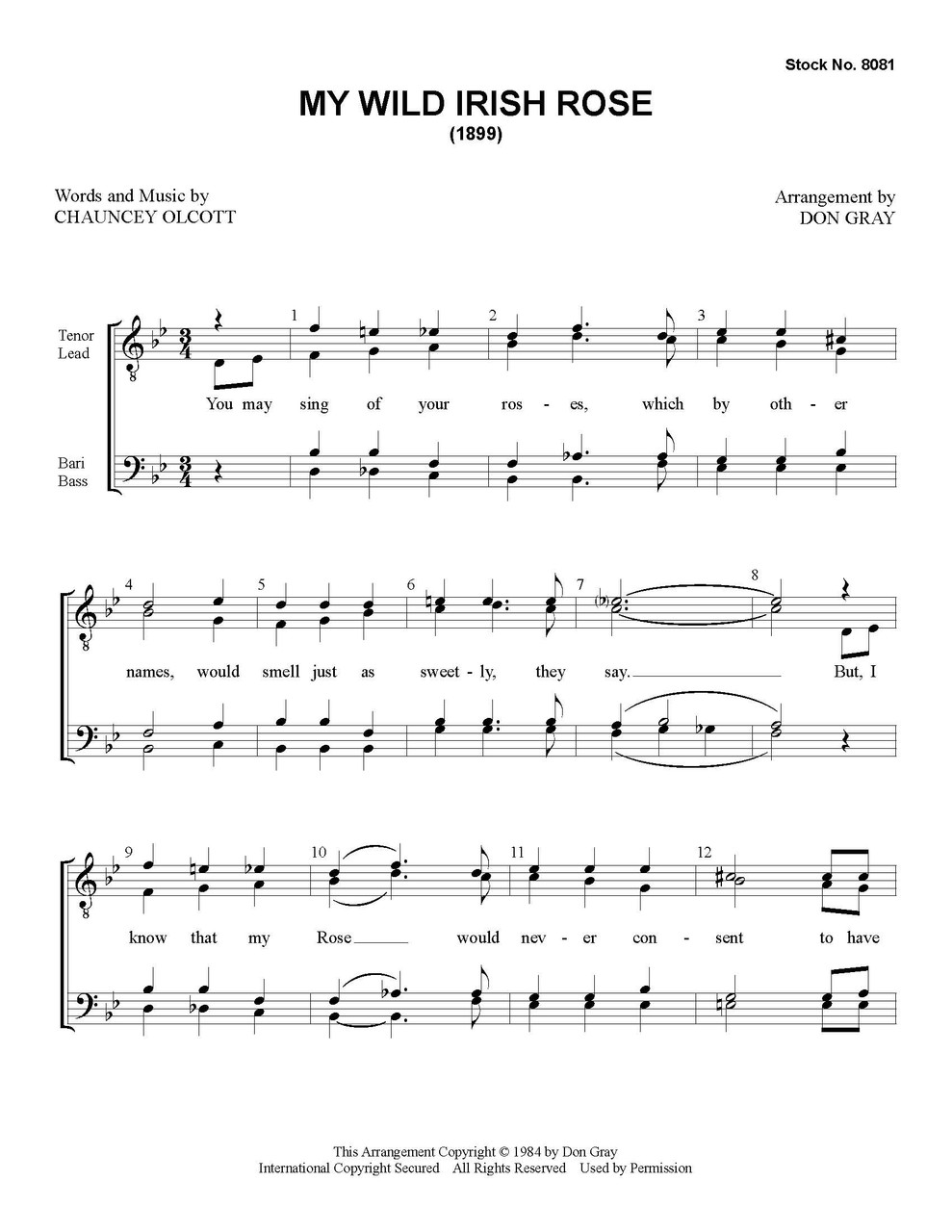 My Wild Irish Rose (TTBB) (arr. Gray) -  Download