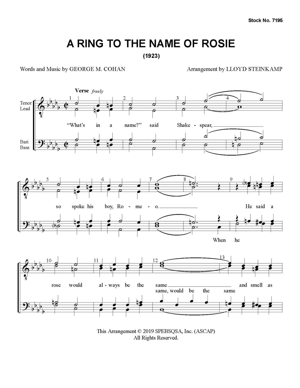 A Ring To The Name Of Rosie (TTBB) (arr. Steinkamp) - Download