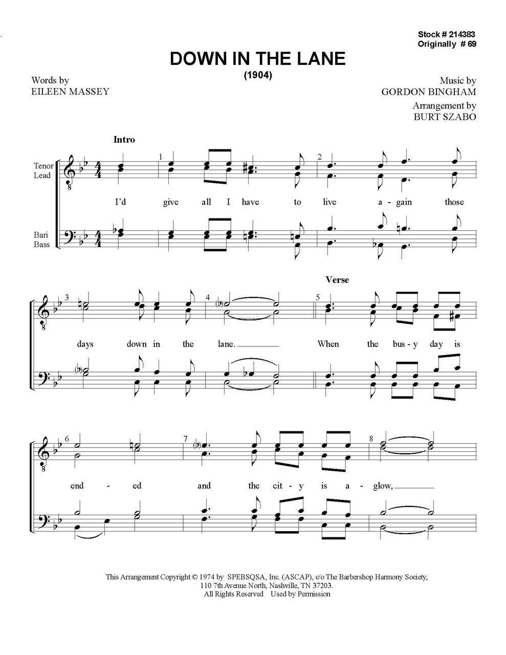 Down In The Lane (TTBB) (arr. Szabo) - Download