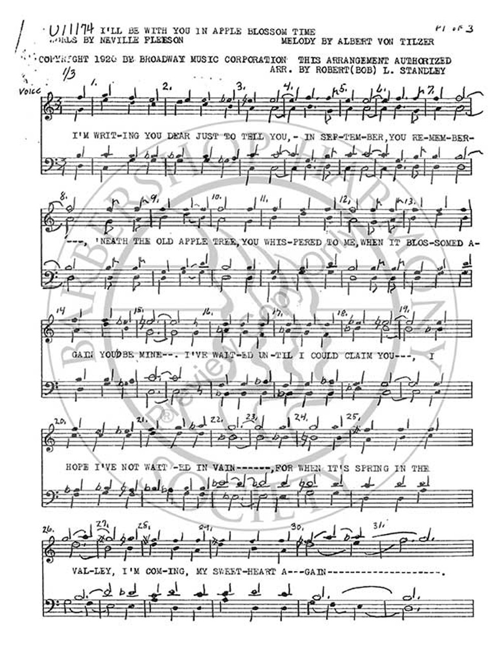 I'll Be With You In Apple Blossom Time (TTBB) (arr. Robert Standley)-UNPUB
