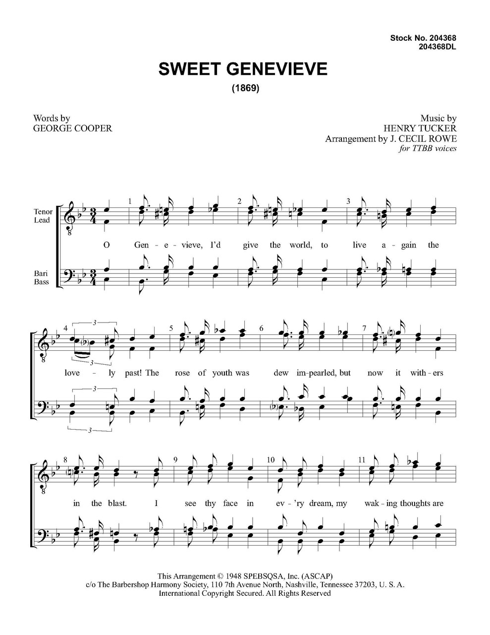 Sweet Genevieve (TTBB) (arr. Rowe) - Download