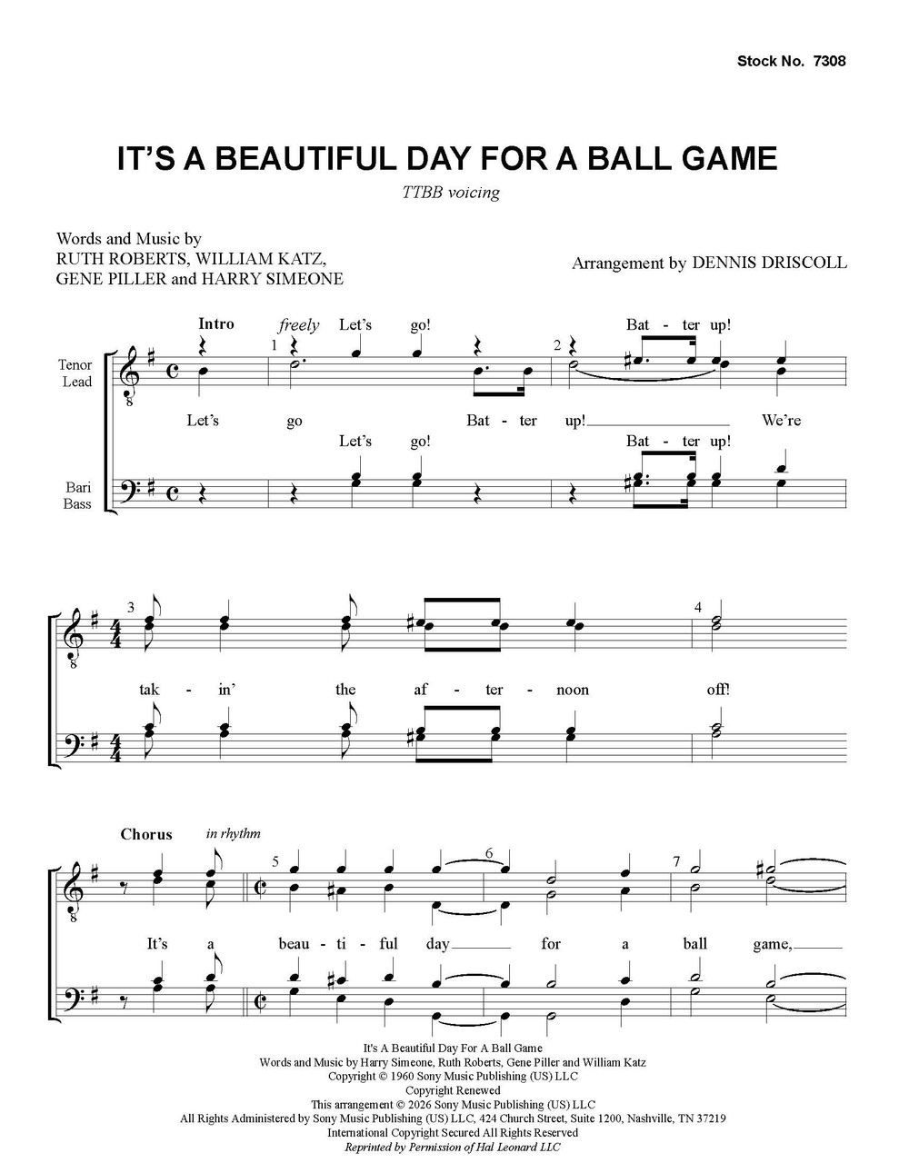 It's a Beautiful Day for a Ball Game (TTBB) (arr. Driscoll) - Download 