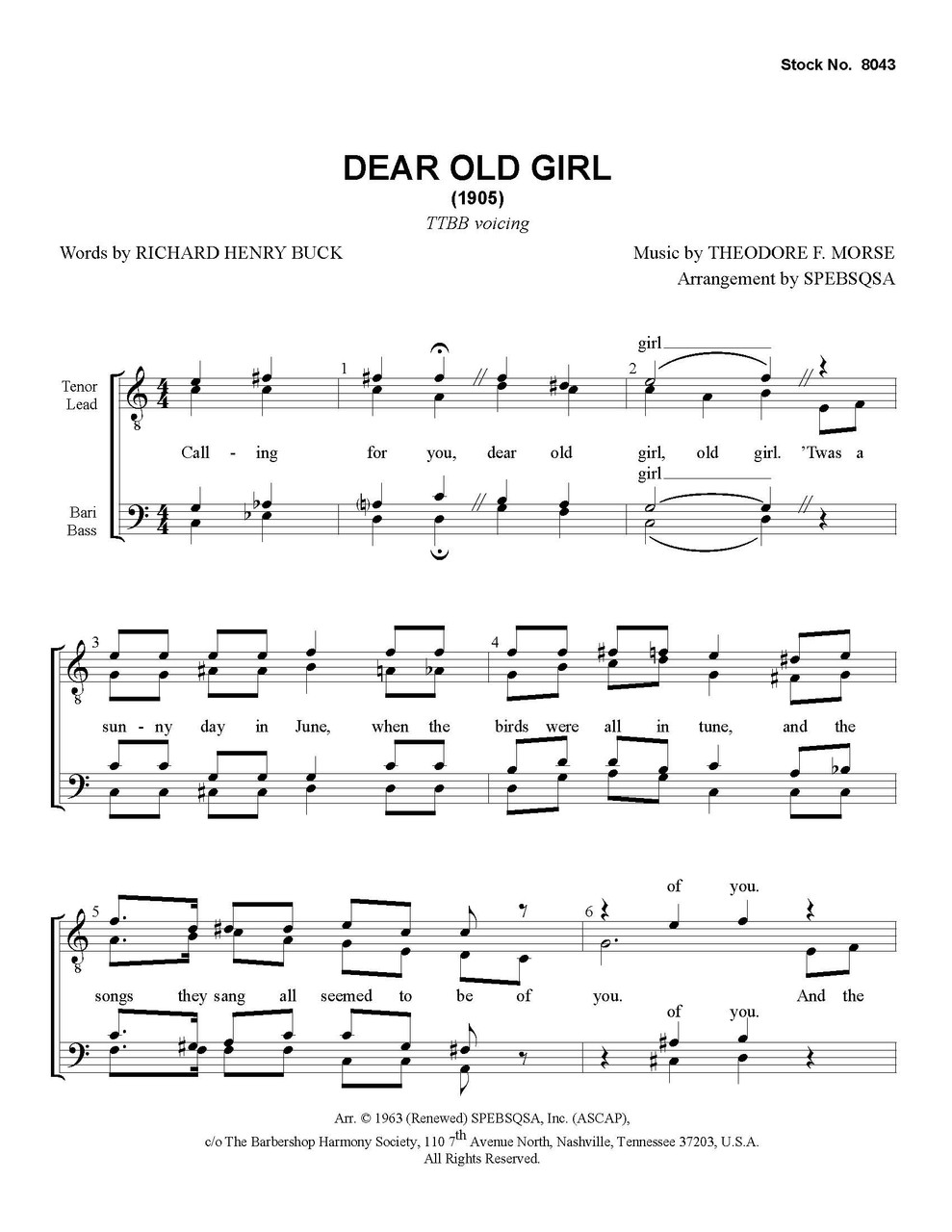 Dear Old Girl (TTBB)  - Download