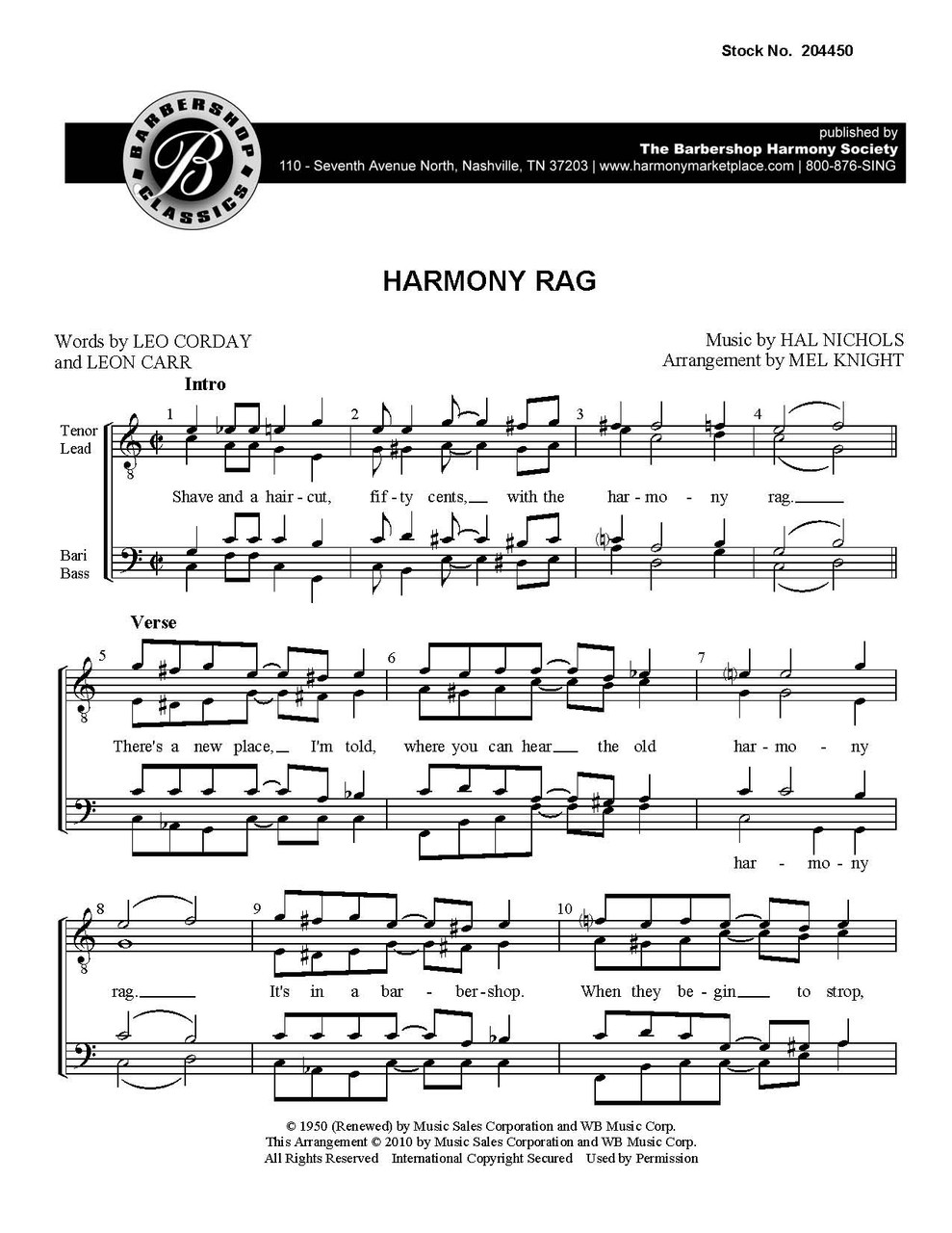 Harmony Rag (TTBB) (arr. Mel Knight) - Special Order