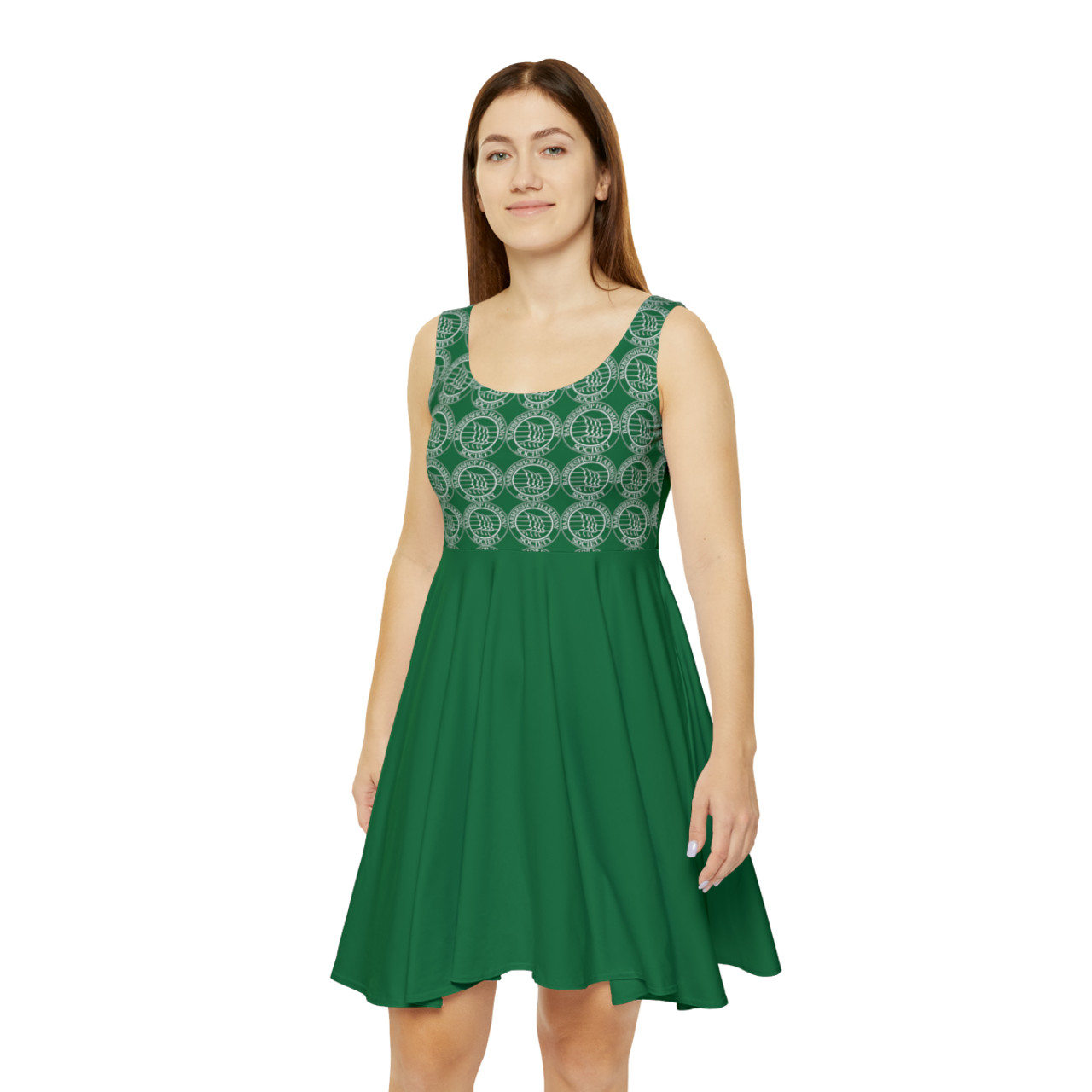 Women's Dark Green Mini BHS Logo Skater Dress- Left Side BHS Seal