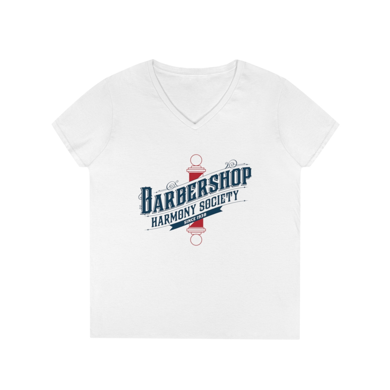 Women's V-Neck "Old School Barberpole" Barbershop Harmony T-Shirt- White