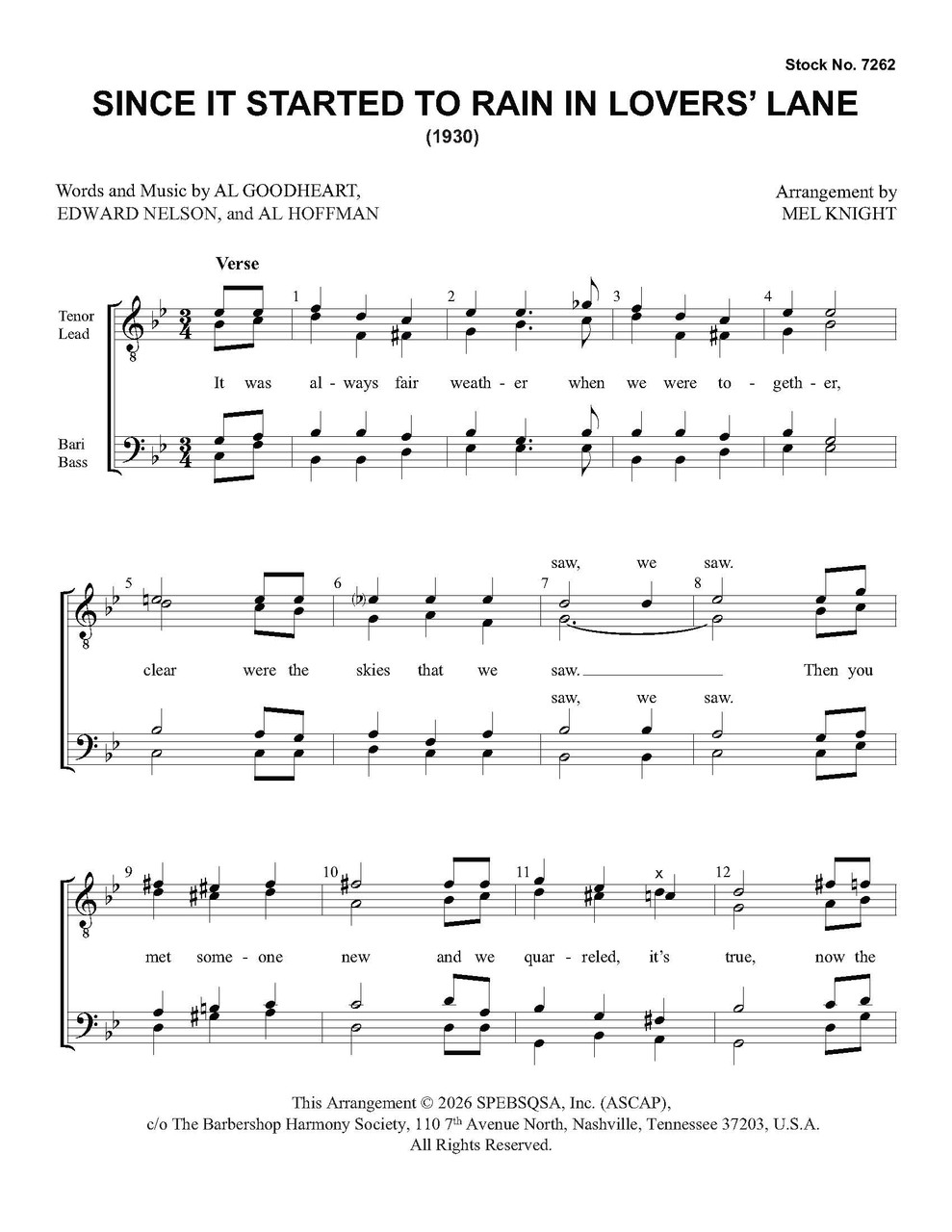 Since It Started To Rain in Lovers Lane (TTBB) (arr. Knight) 