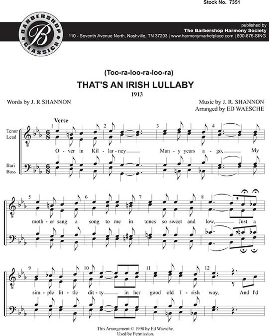 That's An Irish Lullaby (TTBB) (arr. Waesche)