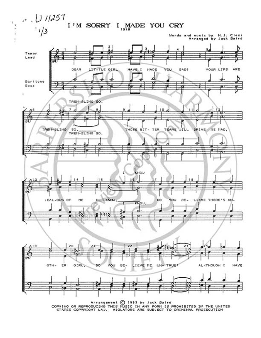 I'm Sorry I Made You Cry 1 (TTBB) (arr. Jack Baird)-UNPUB