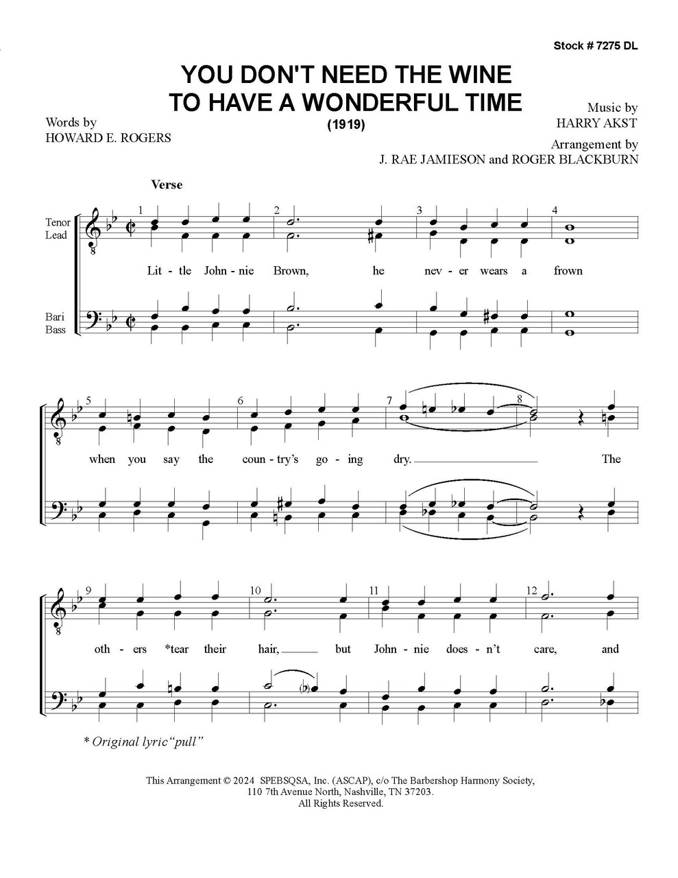 You Don't Need the Wine to Have a Wonderful Time (TTBB) (arr. Blackburn/Jamieson) - Download