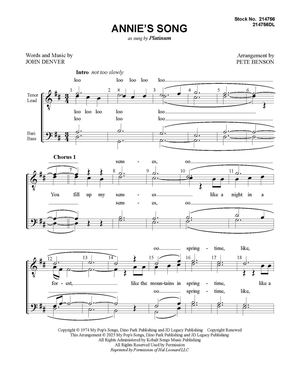 Annie's Song (TTBB) (arr. Benson) Annie's Song (TTBB) (arr. Benson)