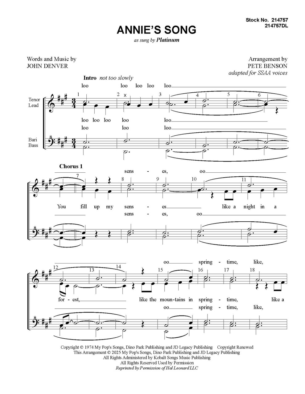 Annie's Song (SSAA) (arr. Benson)