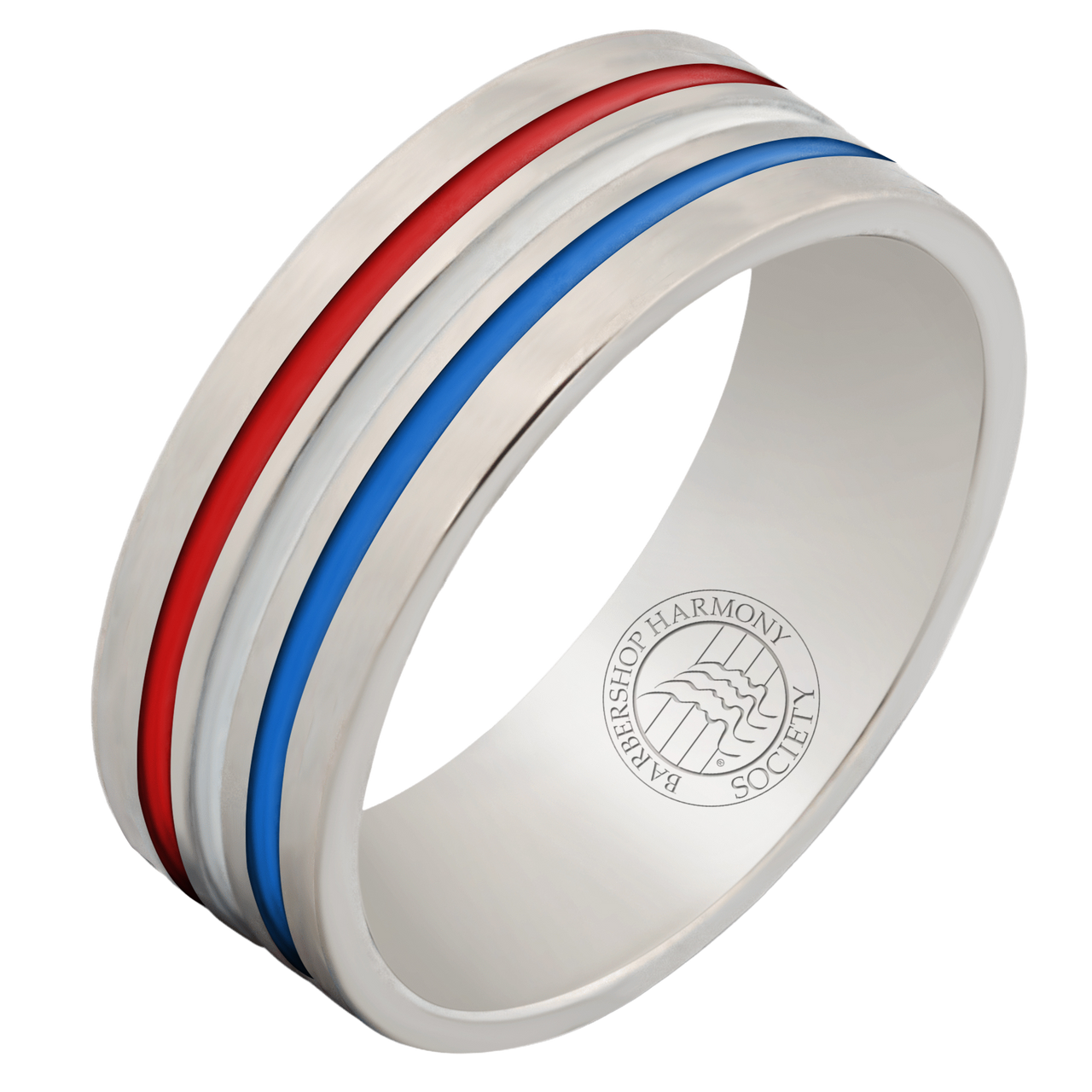 The Barbershop Ring-8mm is a Colbalt Chrome band with Red, White and Blue Colors, Scratch Resistant, Comfort fit with polished finish, Lifetime Warranty and the Barbershop Harmony Society Seal engraved on the inside of the band. You may choose to add an additional 25 characters of engraving to the inside.