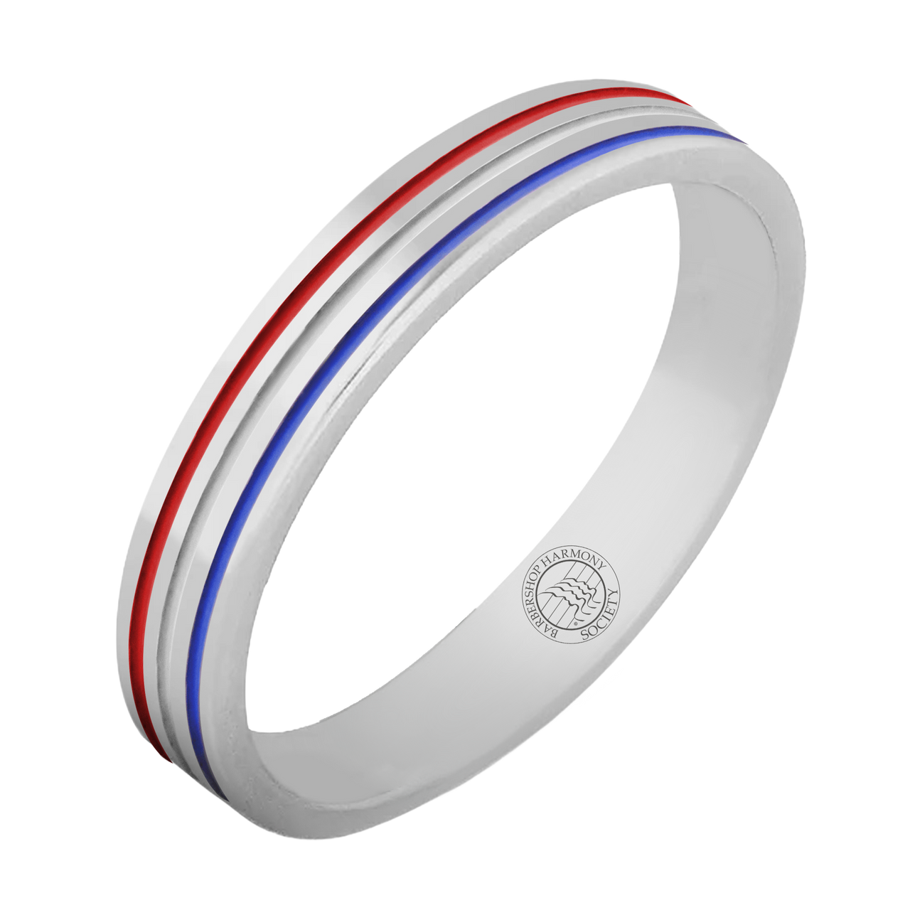 The Barbershop Ring-6mm is a 6mm Colbalt Chrome band with Red, White and Blue Colors, Scratch Resistant, Comfort fit with polished finish, Lifetime Warranty and the Barbershop Harmony Society Seal engraved on the inside of the band. You may choose to add an additional 25 characters of engraving to the inside.