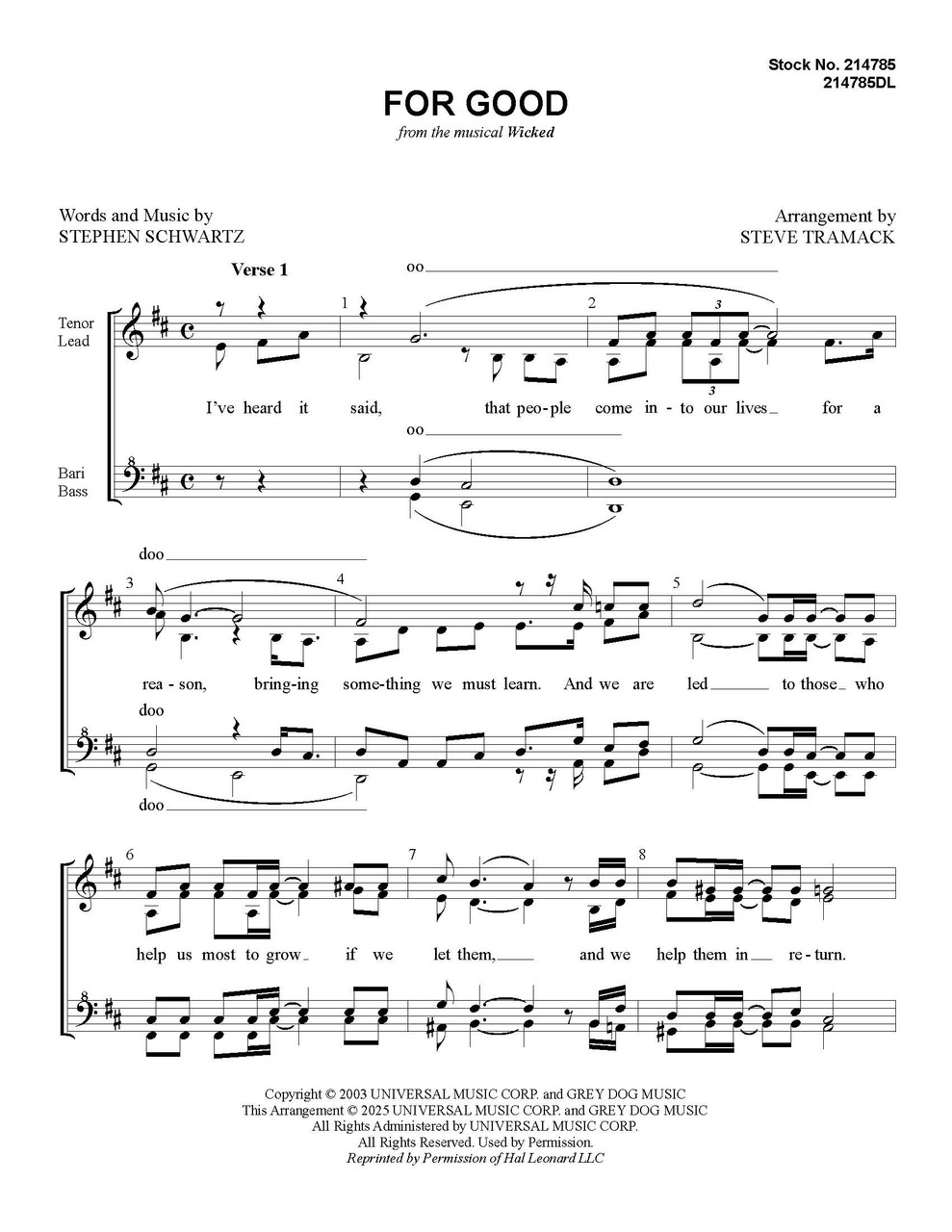 For Good (from WICKED) (SSAA) (arr. Tramack) - Download