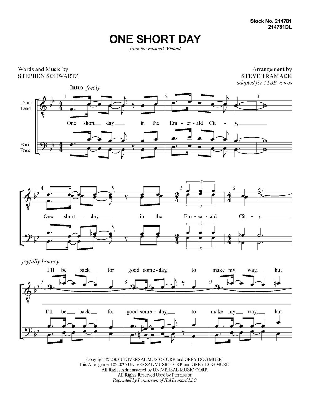 One Short Day (from WICKED) (TTBB) (arr. Tramack)