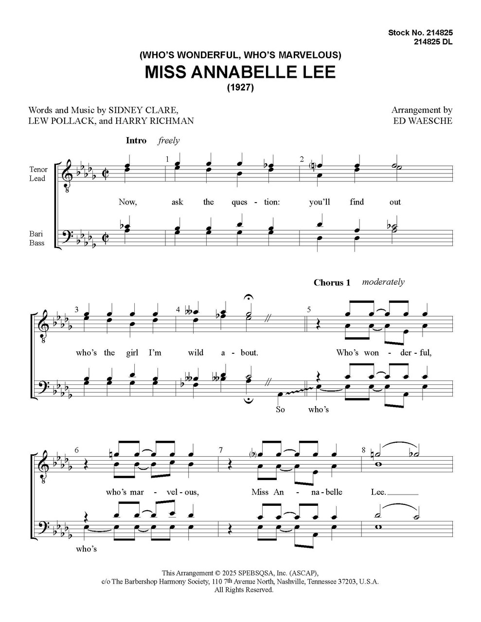 (Who’s Wonderful Who’s Marvelous) Miss Annabelle Lee (TTBB) (arr. Waesche) - Download (Who’s Wonderful Who’s Marvelous) Miss Annabelle Lee (TTBB) (arr. Waesche) - Download