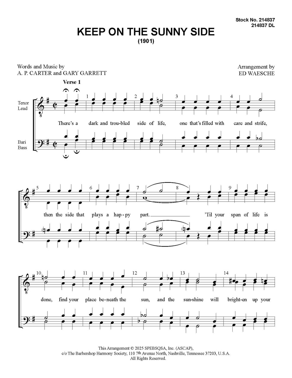 Keep On The Sunny Side (TTBB) (arr. Waesche) - Download Keep On The Sunny Side (TTBB) (arr. Waesche) - Download