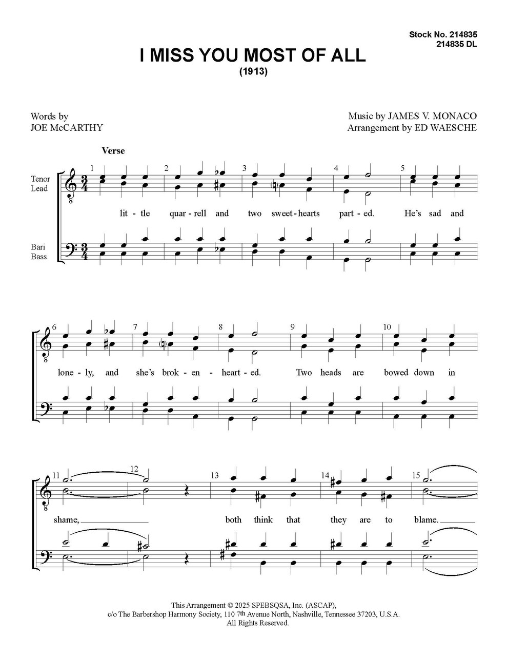 I Miss You Most Of All (TTBB) (arr. Waesche) I Miss You Most Of All (TTBB) (arr. Waesche)