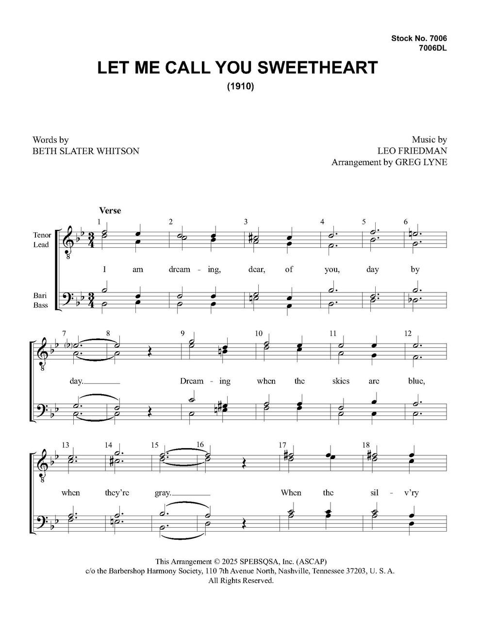 Let Me Call You Sweetheart (TTBB) (arr. Lyne) - Download