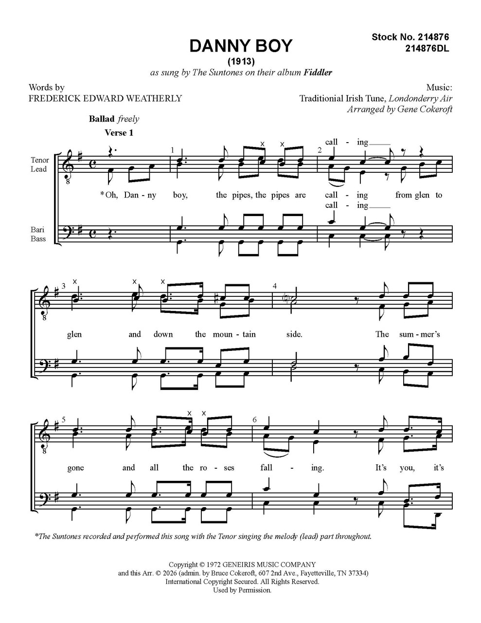 Danny Boy (arr. Cokeroft) (TTBB) - Download