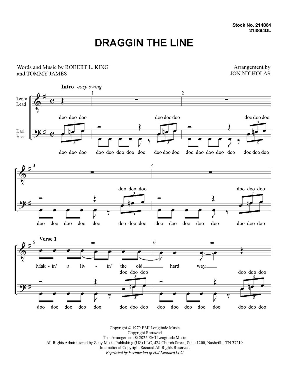 Draggin The Line (TTBB) (arr. Nicholas)