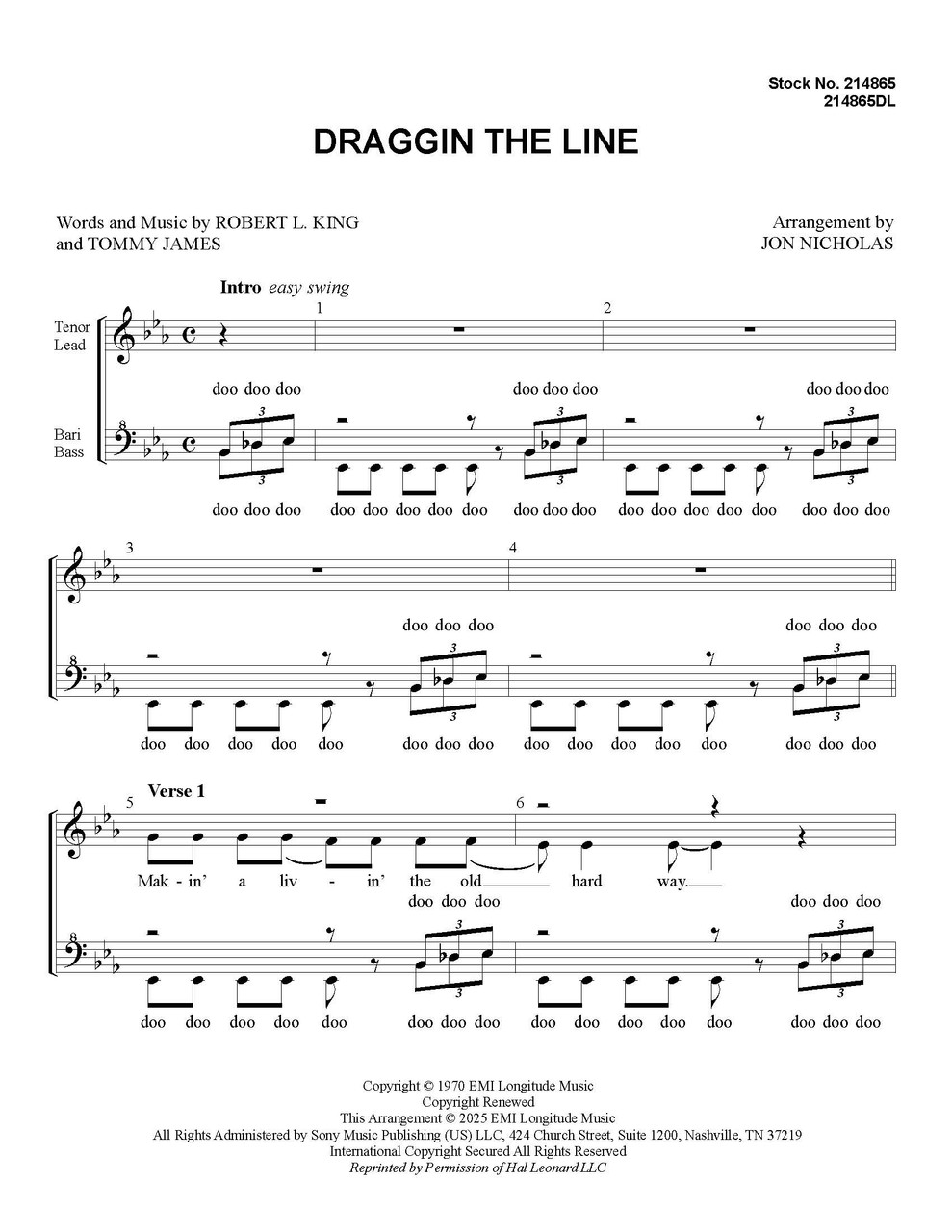 Draggin The Line (SSAA) (arr. Nicholas)