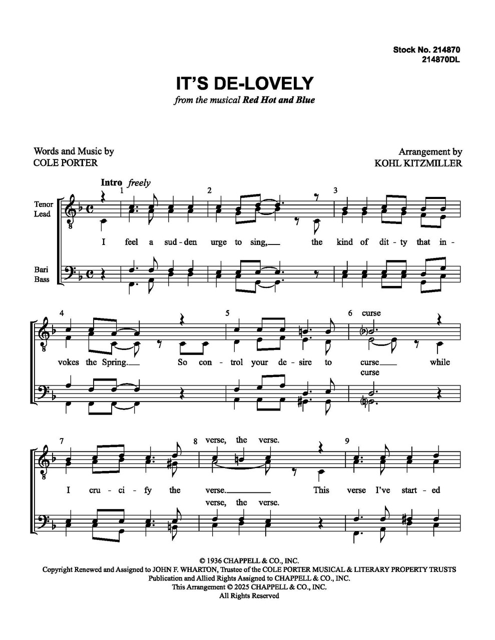 It's De-Lovely (TTBB) (arr. Kitzmiller) - Download
