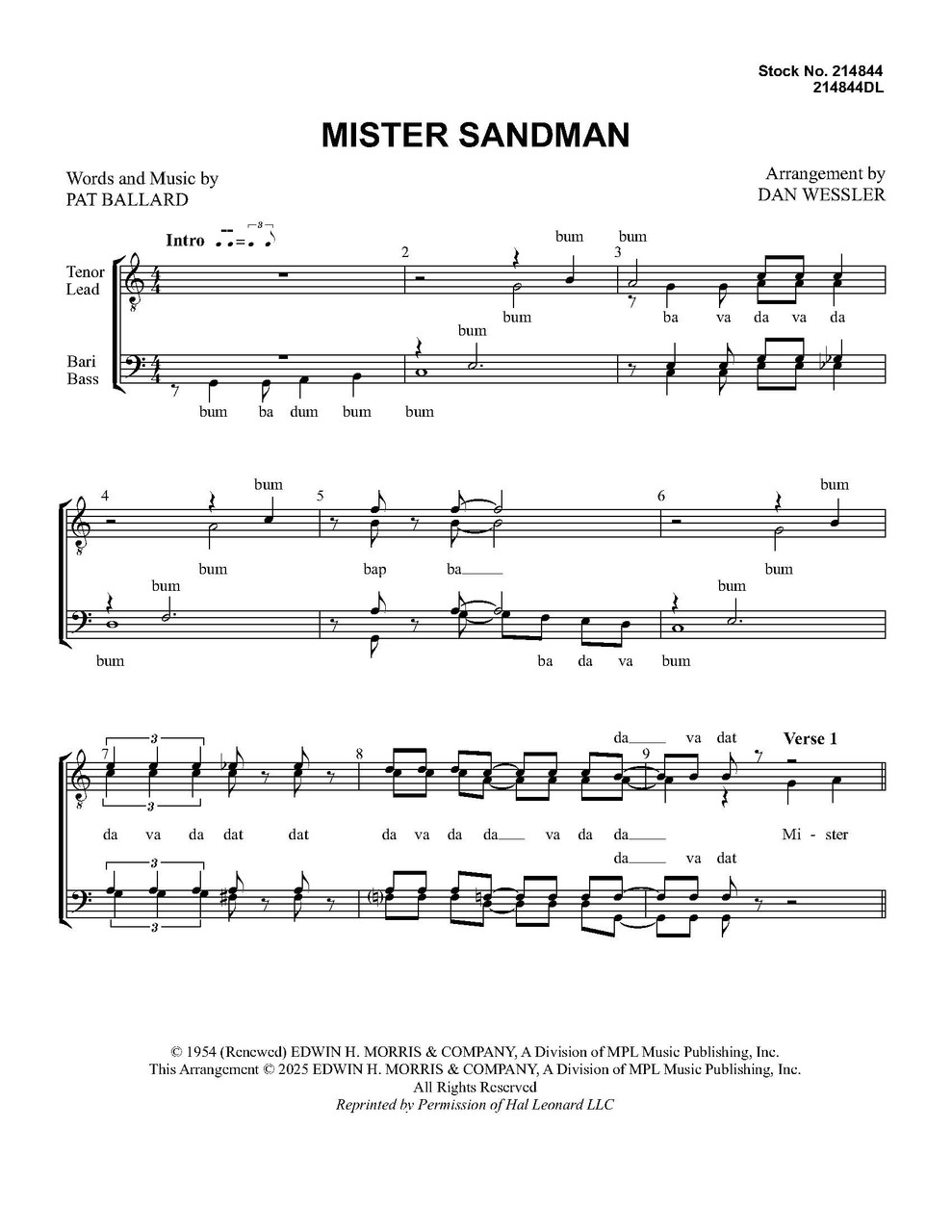 Mister Sandman (TTBB) (arr. Wessler)