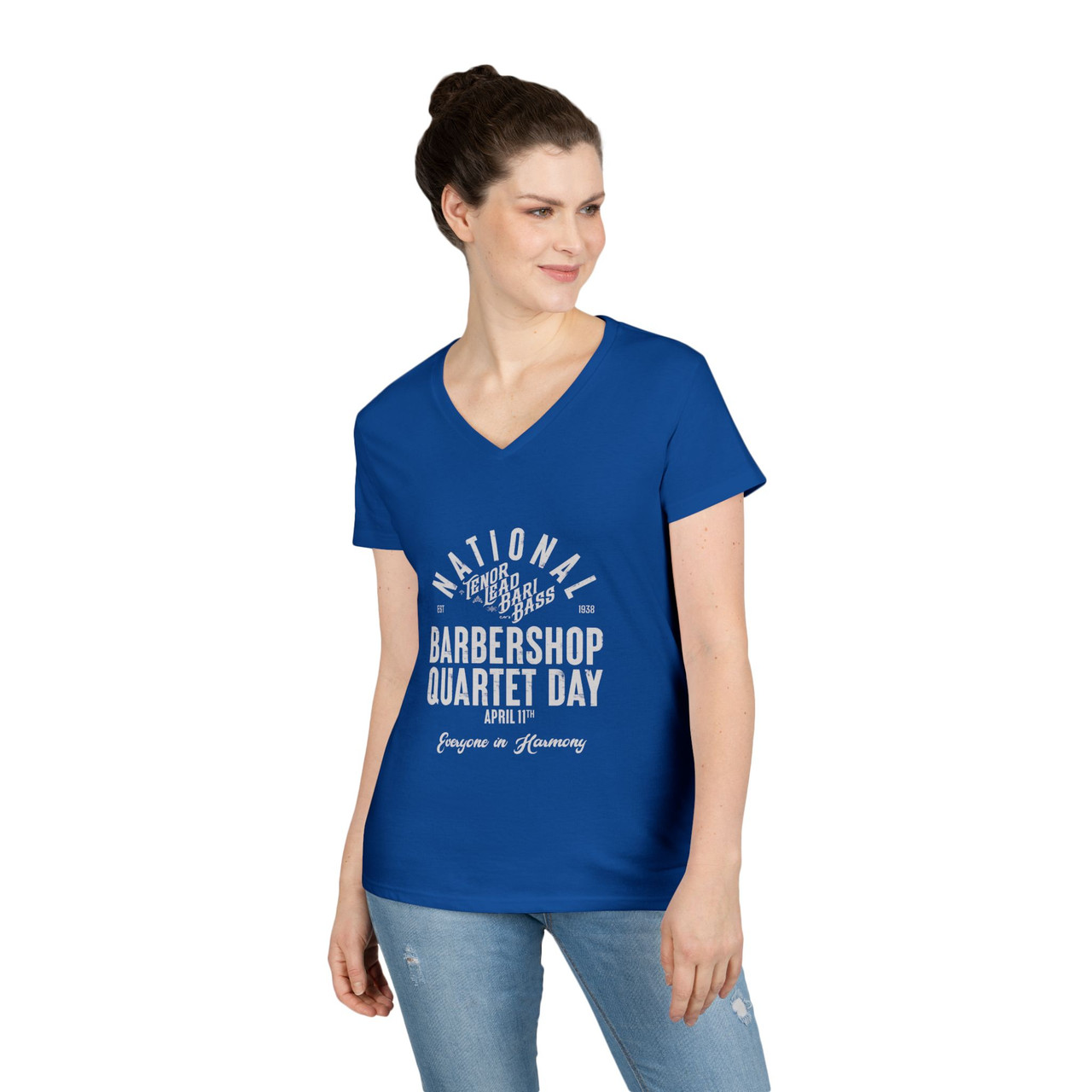 Women's V-Neck National Barbershop Quartet Day T-Shirt - TENOR LEAD BARI BASS - Available in Multiple Colors