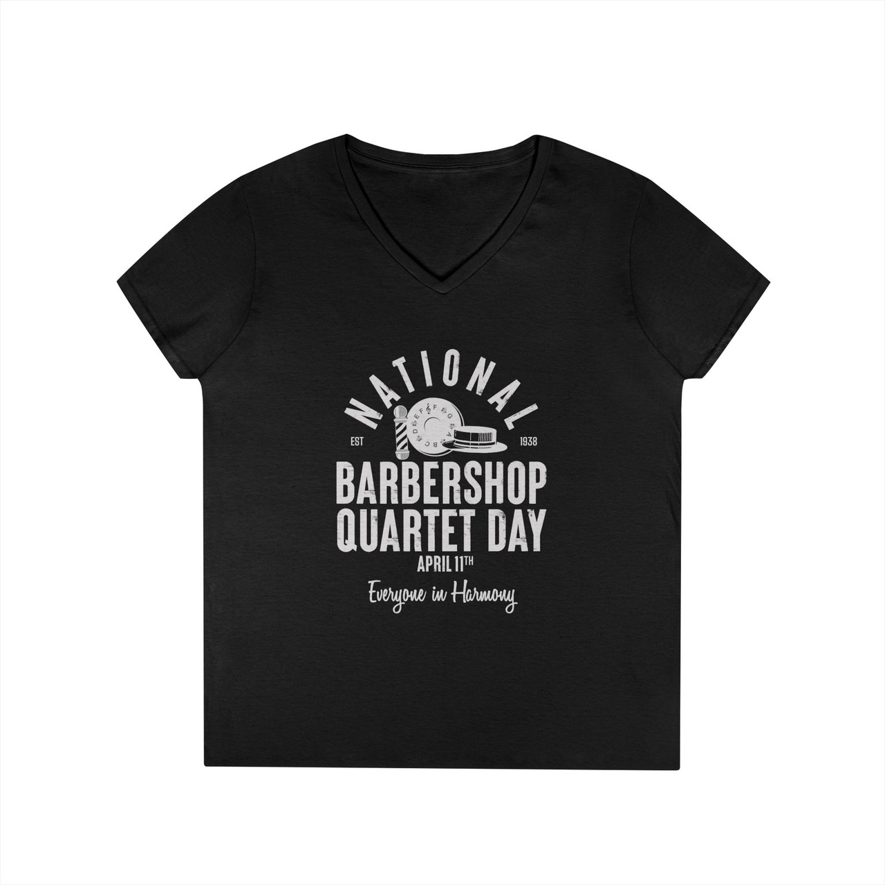 Women's V-Neck National Barbershop Quartet Day T-Shirt - Barberpole, pitch pipe, and boater hat icons - Available in Multiple Colors