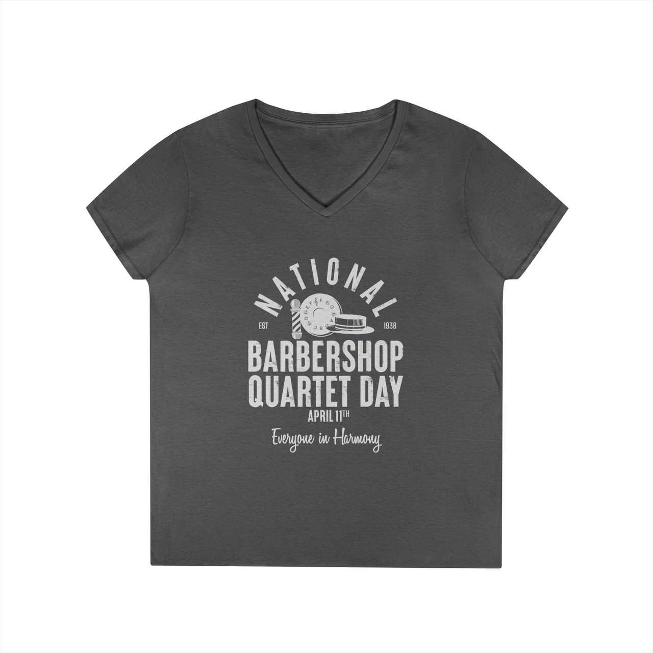 Women's V-Neck National Barbershop Quartet Day T-Shirt - Barberpole, pitch pipe, and boater hat icons - Available in Multiple Colors